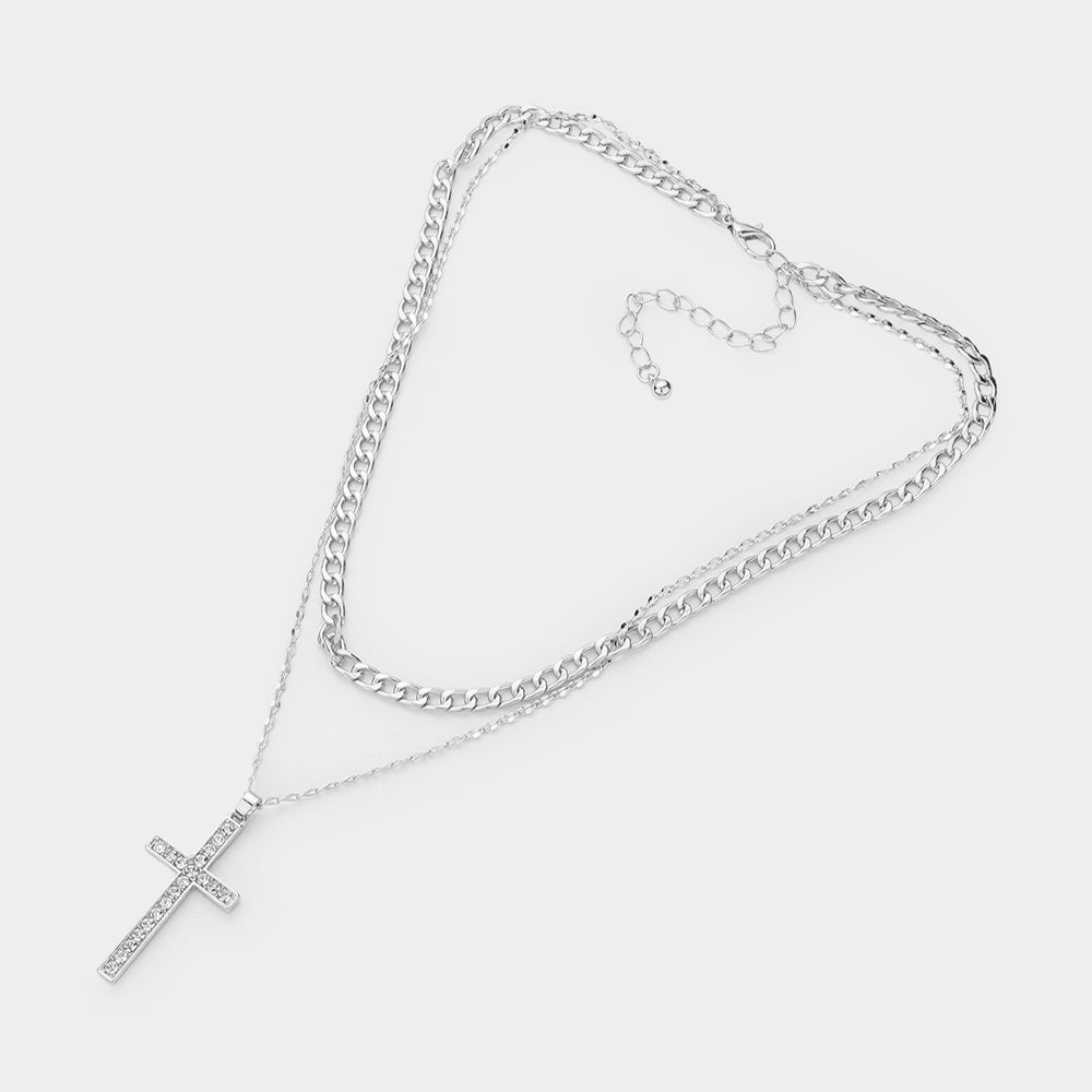 iLLASPARKZ Silver Dipped Stone Paved Cross Pendant Cuban Chain Layered Necklace