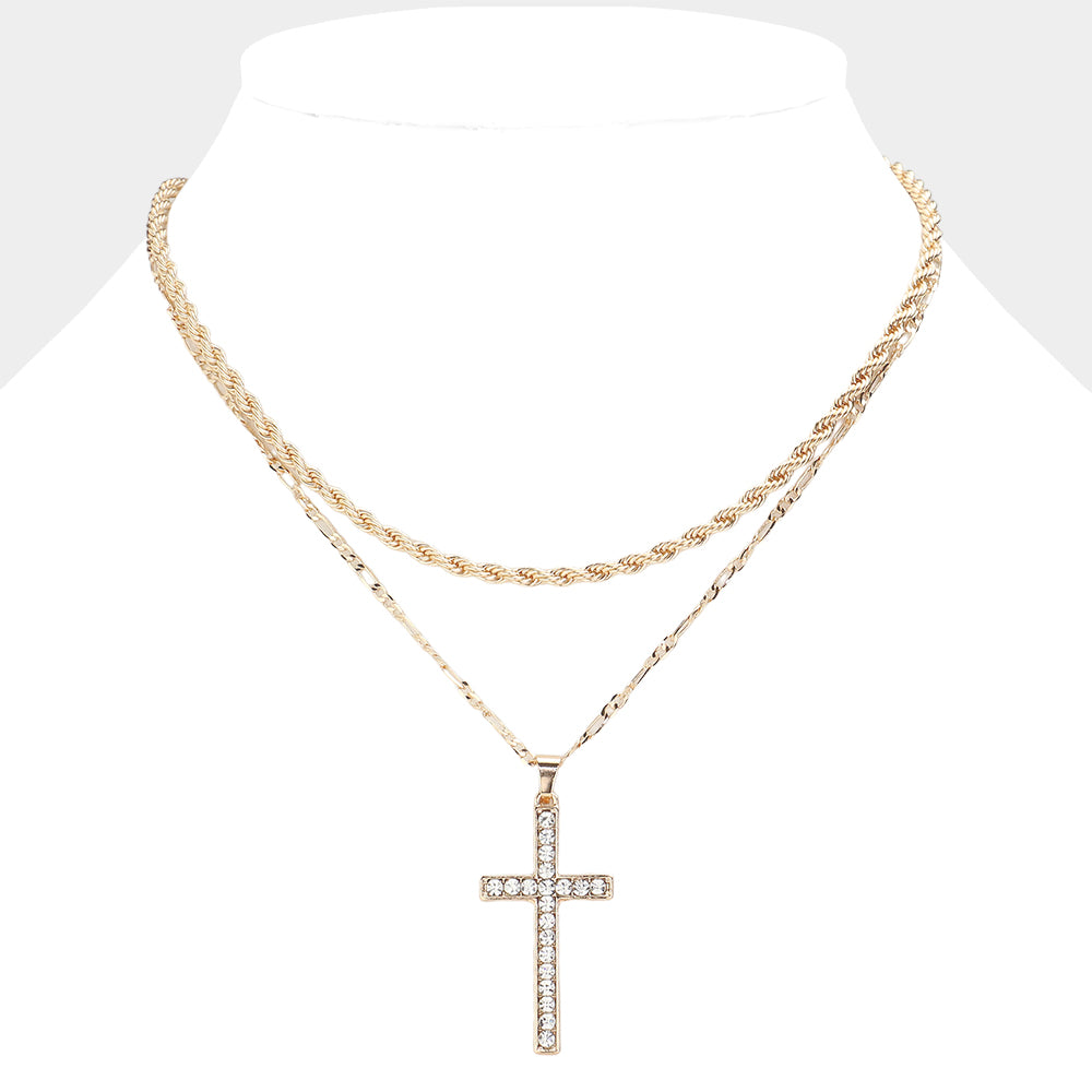 iLLASPARKZ Stone Paved Cross Pendant Double Layered Necklace