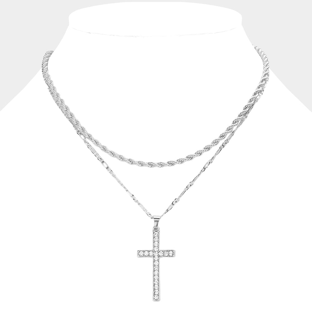 iLLASPARKZ Stone Paved Cross Pendant Double Layered Necklace