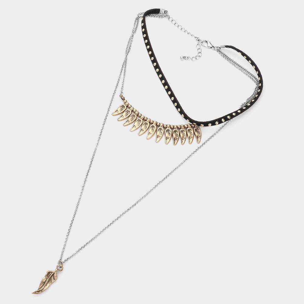 iLLASPARKZ Metal Feather Pendant Triple Layered Necklace