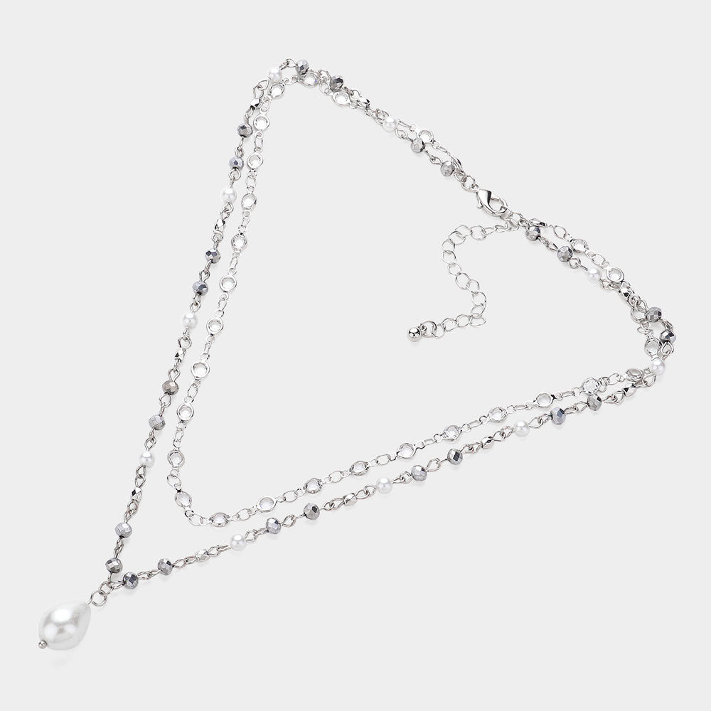iLLASPARKZ Pearl Pointed Clear Bezel Station Layered Necklace