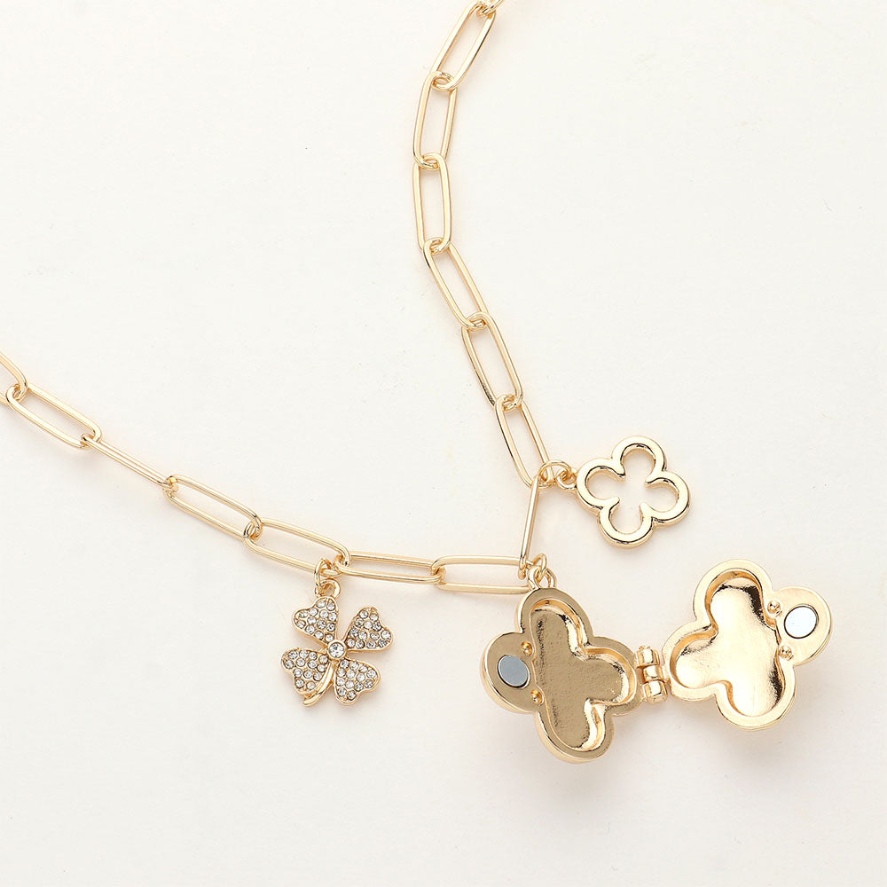 iLLASPARKZ Quatrefoil Locket Pendant Pointed Quatrefoil Charm Dangle Paperclip Chain Necklace