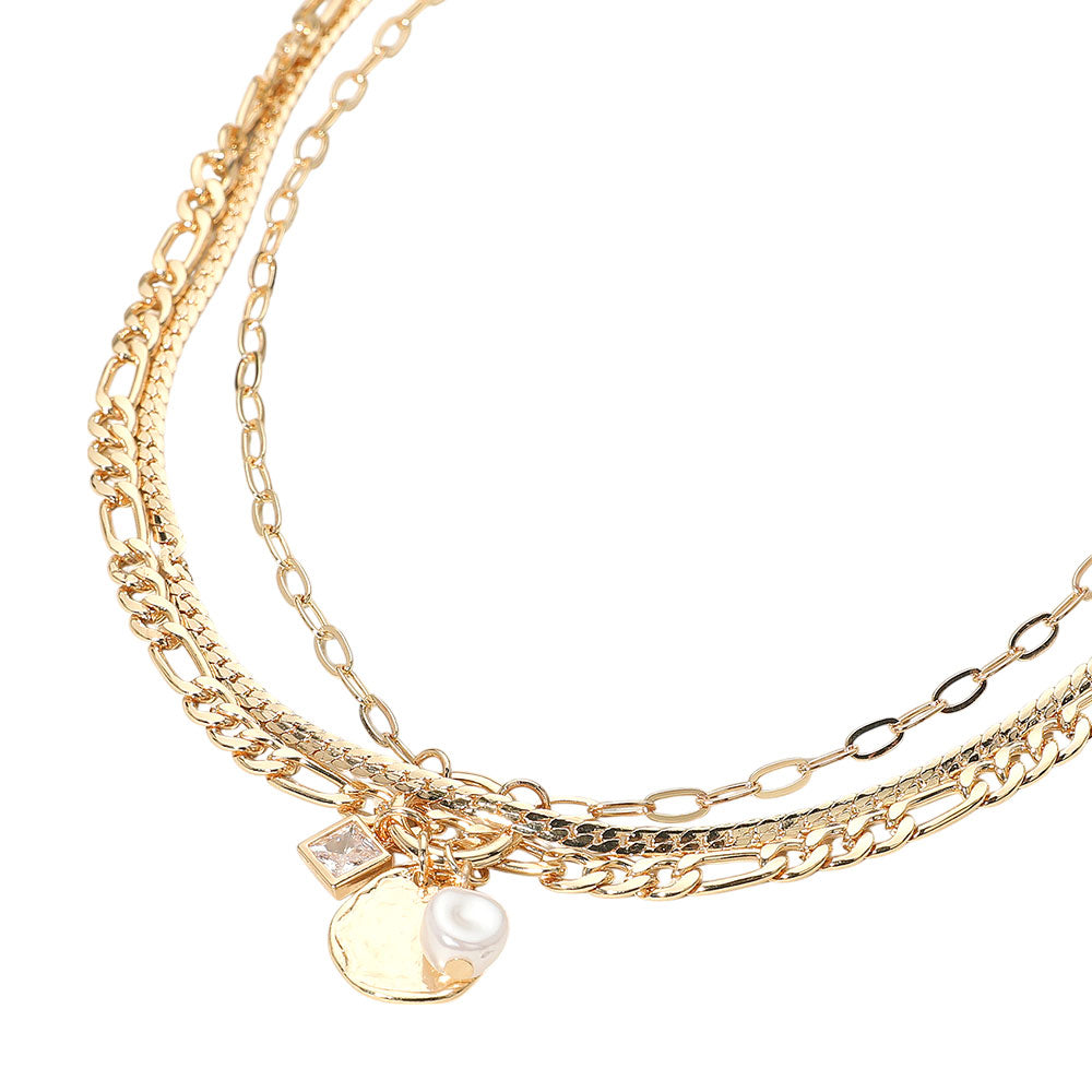 iLLASPARKZ Pearl Metal Coin Charm Multi Layered Necklace