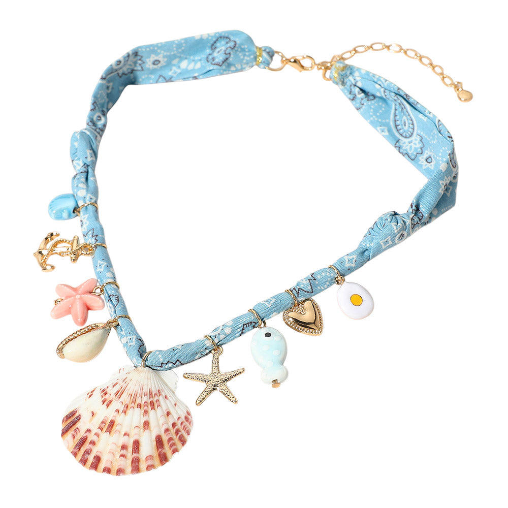 iLLASPARKZ Seashell Starfish Anchor Heart Charm Station Fabric Statement Necklace