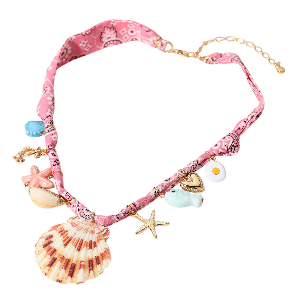 iLLASPARKZ Seashell Starfish Anchor Heart Charm Station Fabric Statement Necklace