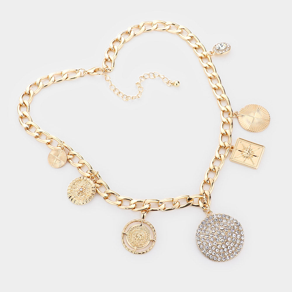 iLLASPARKZ Textured Metal Disc Rhinestone Embellished Crushed Round Pendant Station Necklace