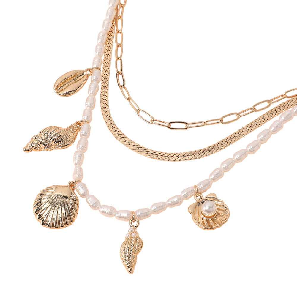 iLLASPARKZ Metal Sea Shell Puka Shell Charm Station Pearl Herringbone Paperclip Chain Layered Necklace