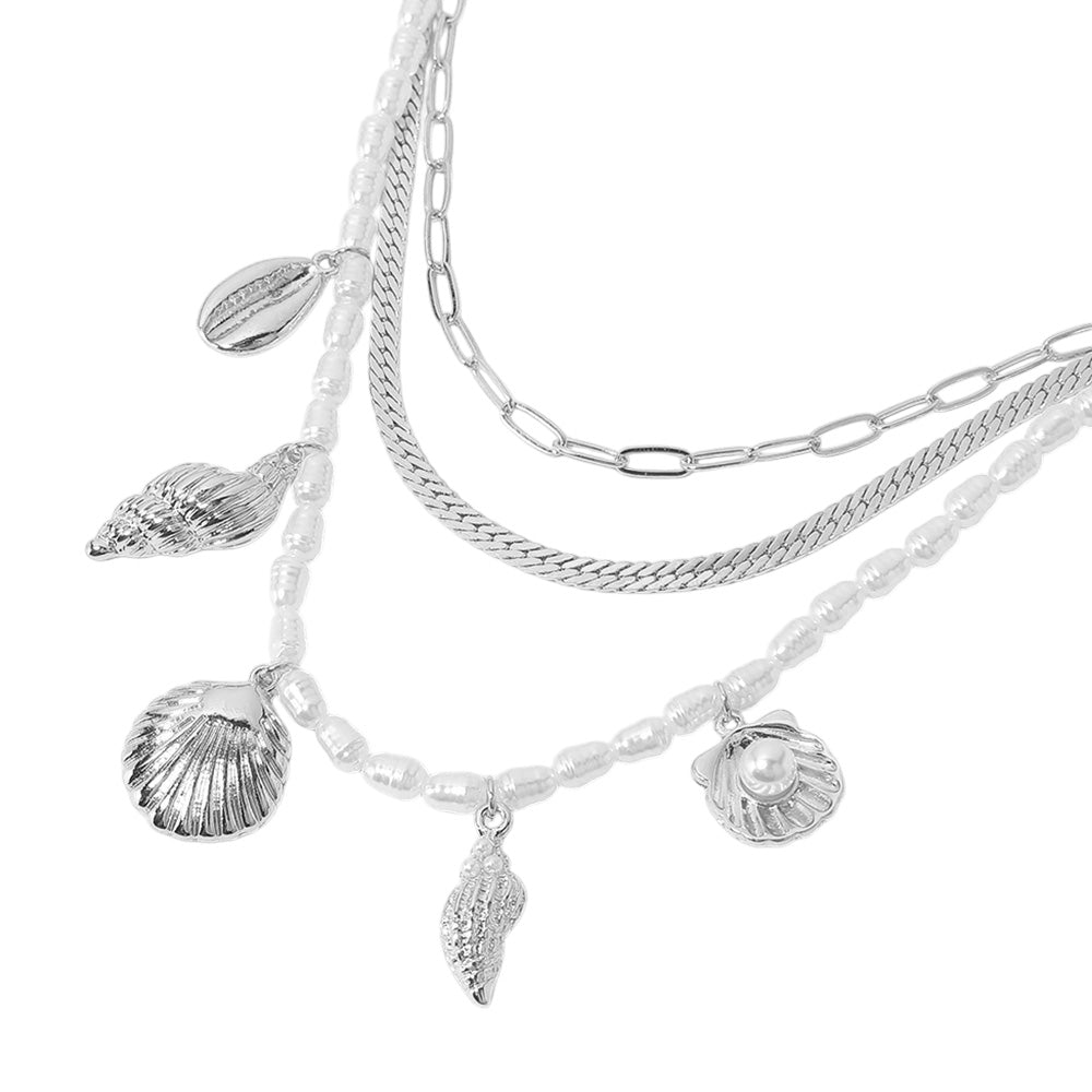 iLLASPARKZ Metal Sea Shell Puka Shell Charm Station Pearl Herringbone Paperclip Chain Layered Necklace