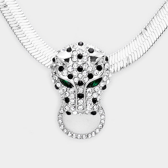 iLLASPARKZ Layered Rhinestone Leopard Head Accented Bib Necklace