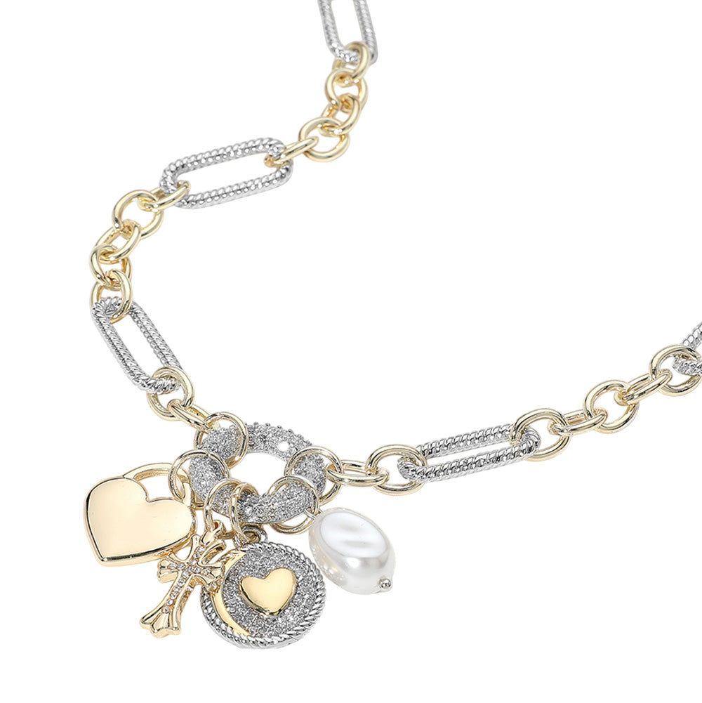 iLLASPARKZ 14K Gold Plated CZ Stone Paved Circle Ball Heart Charm Pendant Industrial Chain Necklace