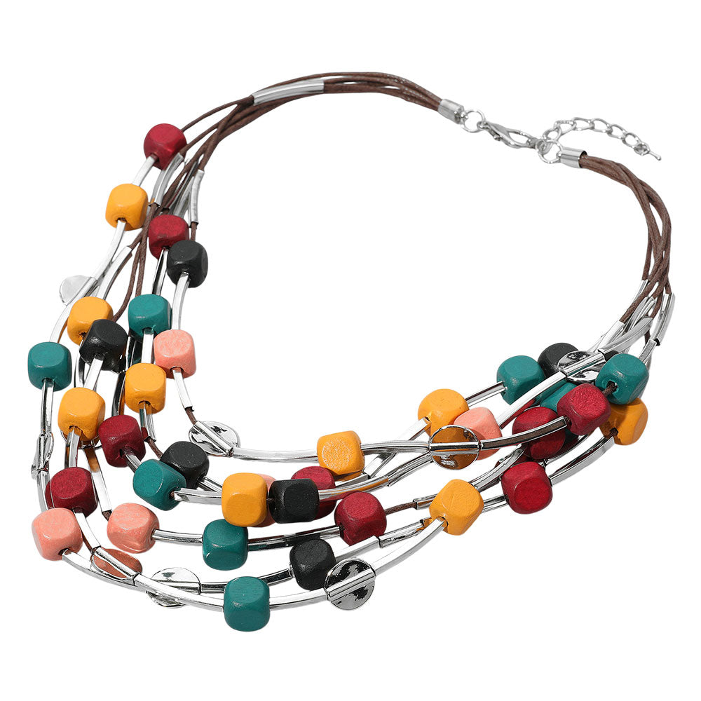 iLLASPARKZ Wooden Cube Beaded Layered Statement Necklace
