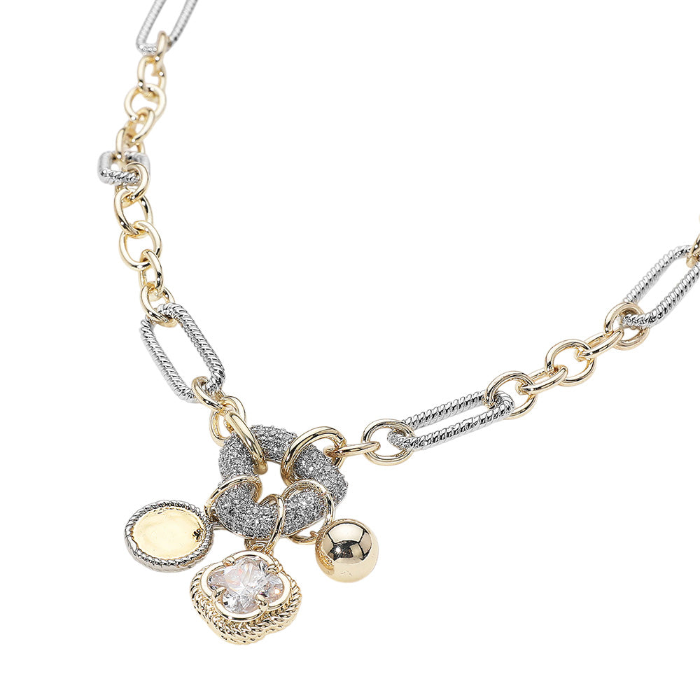 iLLASPARKZ Two Tone 14K Gold Plated CZ Stone Paved Heart Ring Disc Ball Quatrefoil Stone Cluster Charm Pendant Necklace