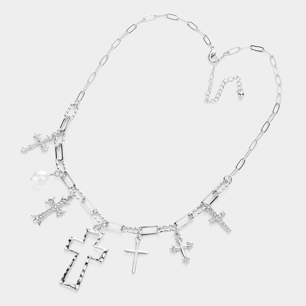 iLLASPARKZ Stone Paved Cross Charm Station Paperclip Chain Necklace