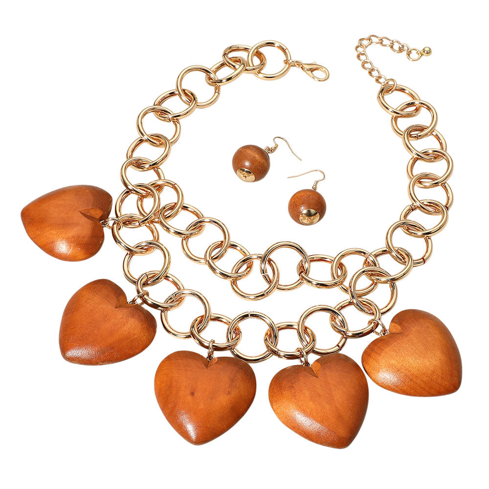 iLLASPARKZ Chunky Wooden Heart Charm Station Layered Chain Necklace