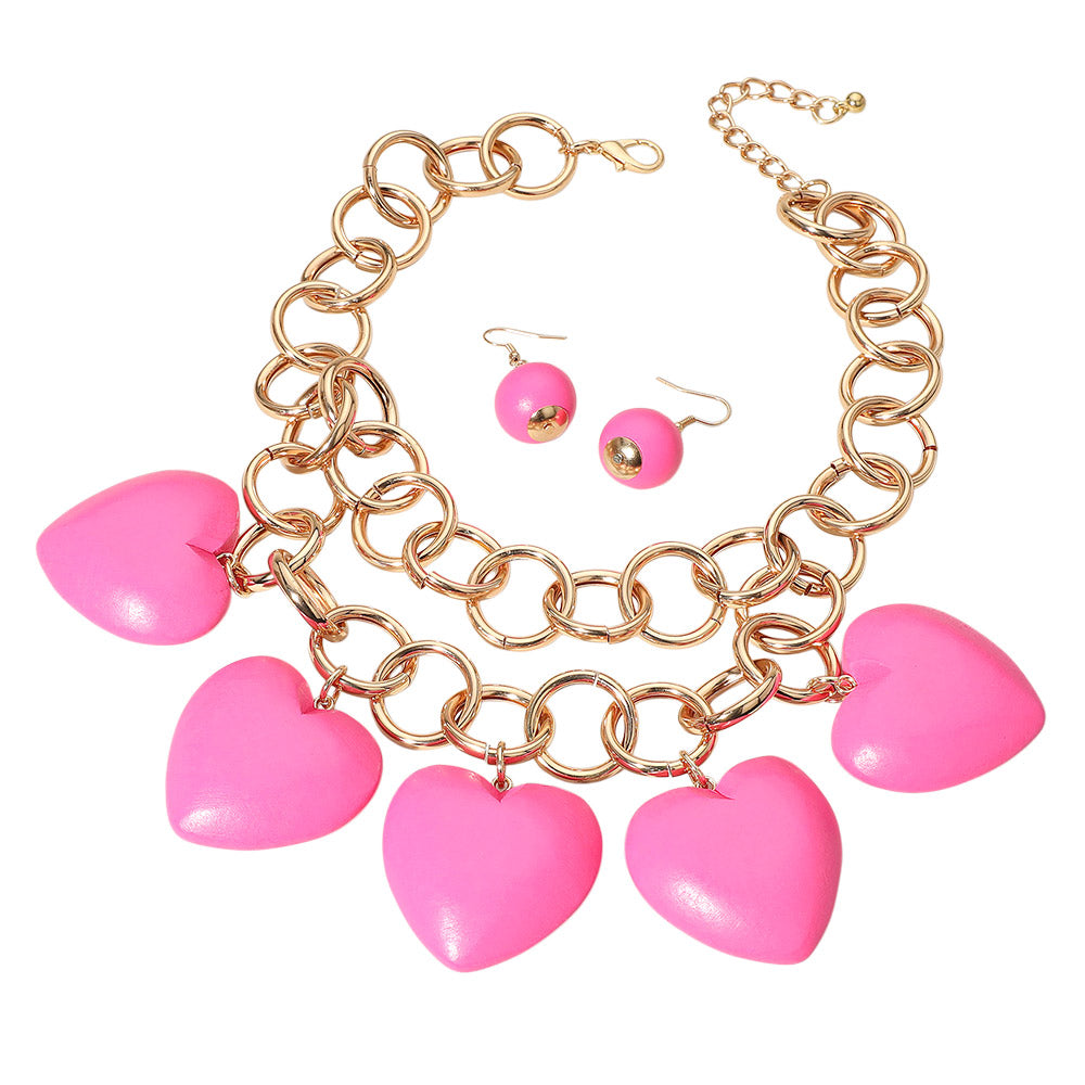 iLLASPARKZ Chunky Wooden Heart Charm Station Layered Chain Necklace