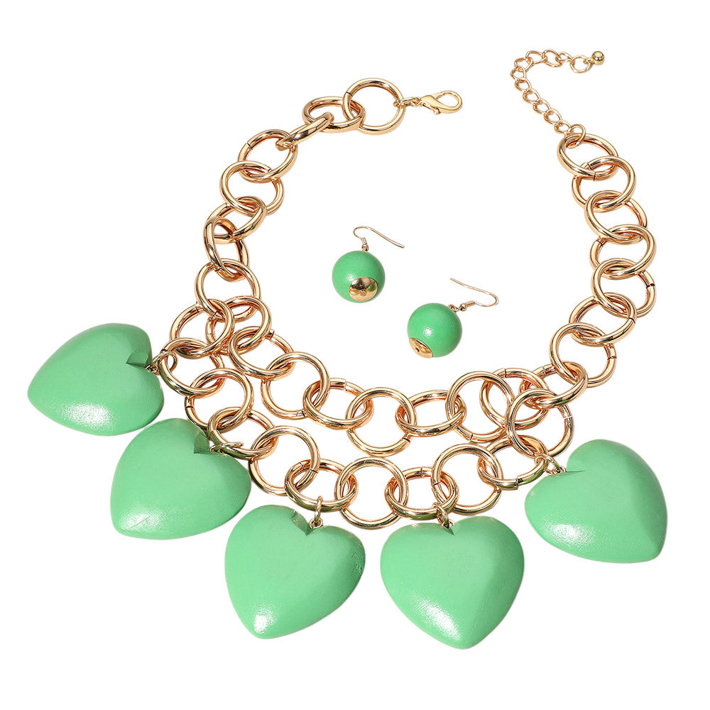 iLLASPARKZ Chunky Wooden Heart Charm Station Layered Chain Necklace