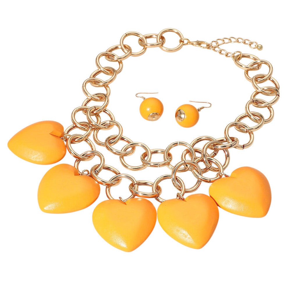 iLLASPARKZ Chunky Wooden Heart Charm Station Layered Chain Necklace