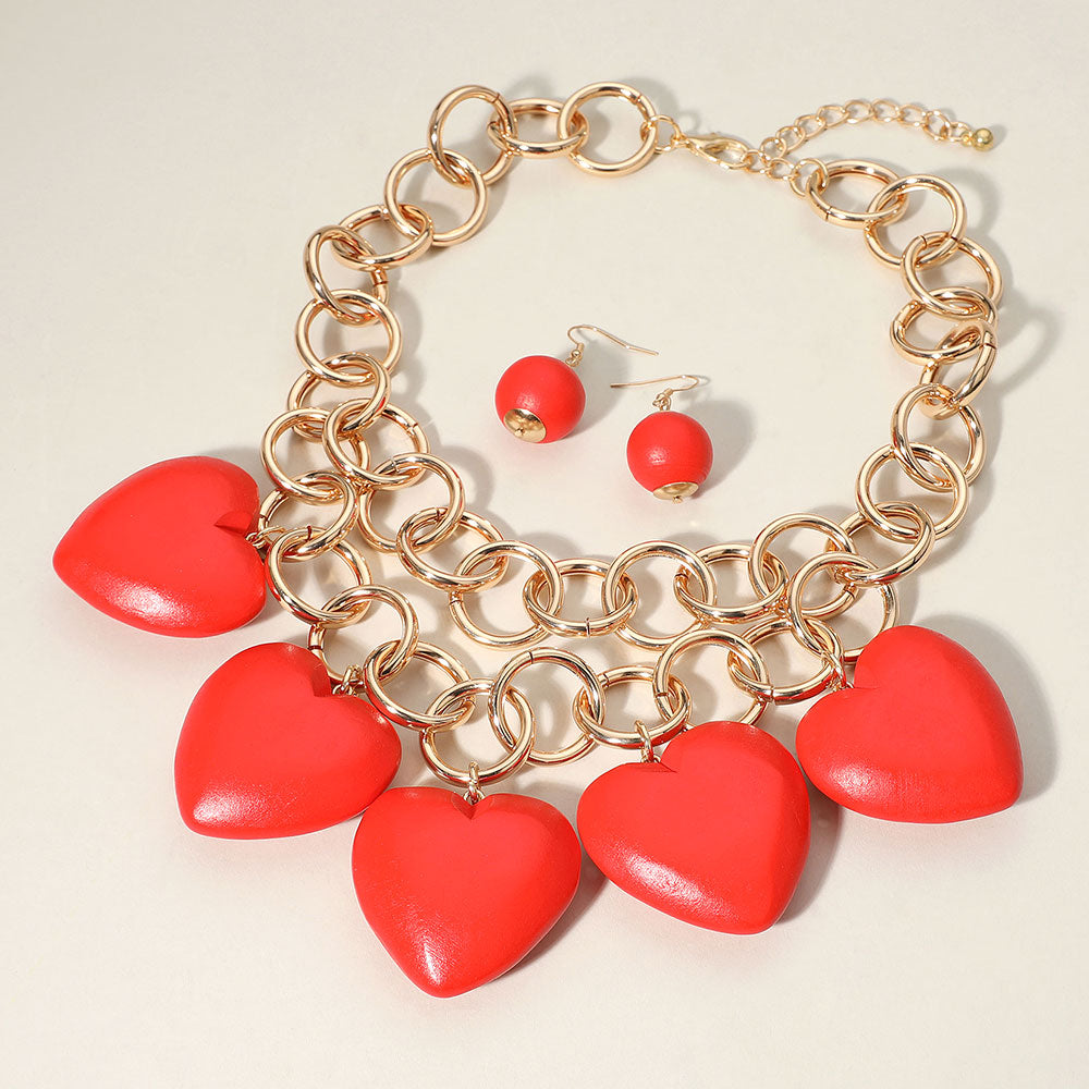 iLLASPARKZ Chunky Wooden Heart Charm Station Layered Chain Necklace