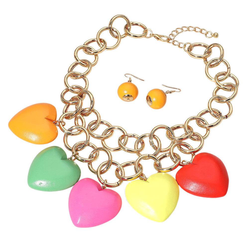iLLASPARKZ Chunky Wooden Heart Charm Station Layered Chain Necklace