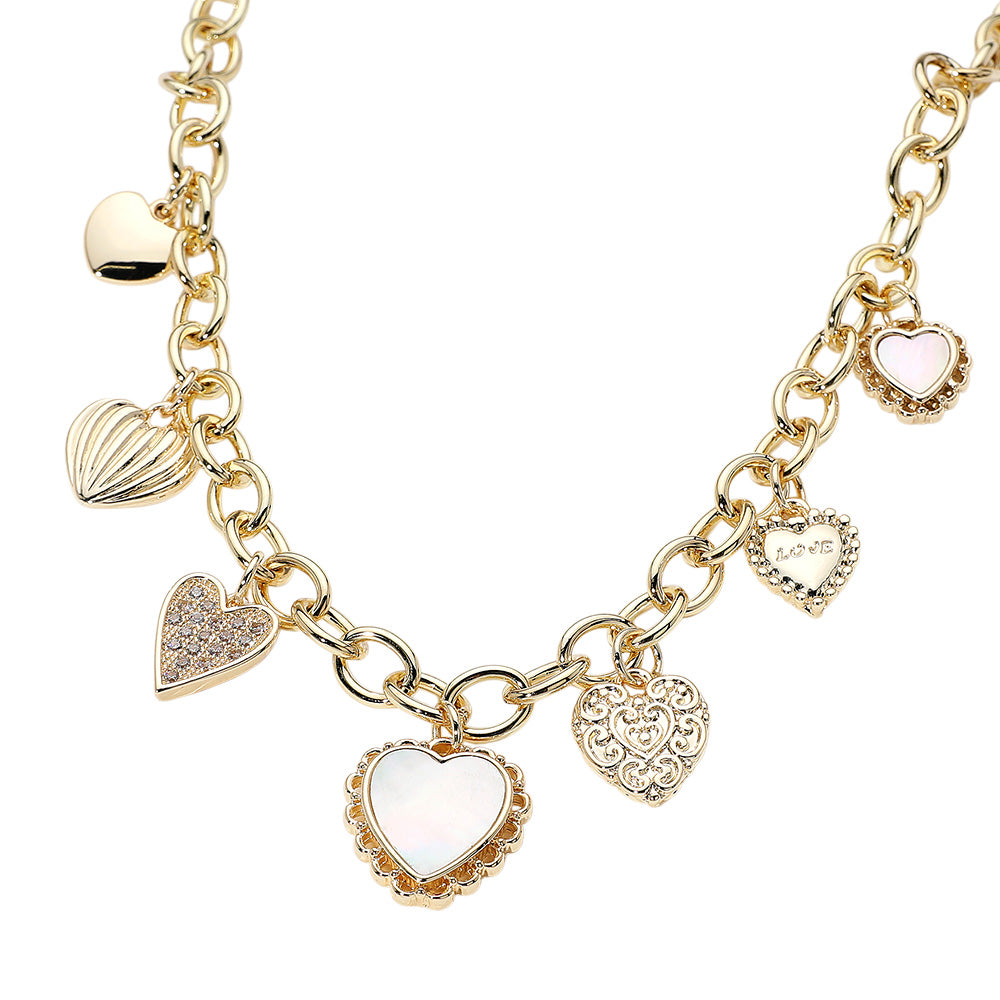 iLLASPARKZ 14K Gold Plated CZ Stone Paved Mother of Pearl Heart Charm Station Necklace