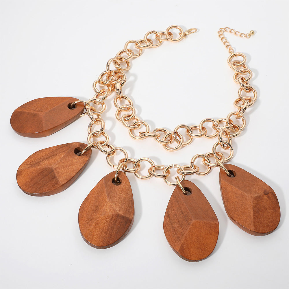 iLLASPARKZ Oversized Wooden Teardrop Charm Chunky Double Layered Statement Necklace