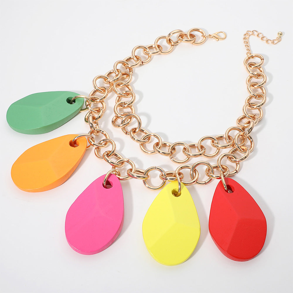iLLASPARKZ Oversized Wooden Teardrop Charm Chunky Double Layered Statement Necklace
