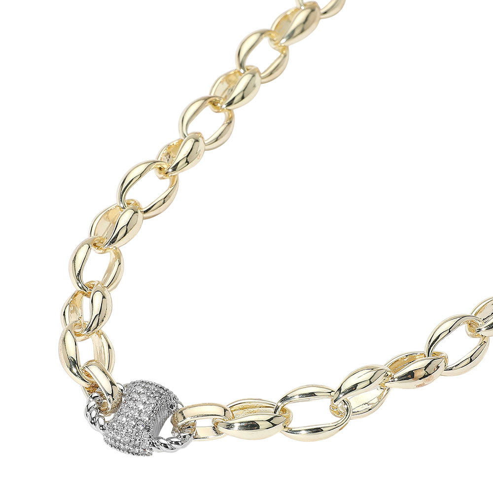 iLLASPARKZ 14K Gold Plated Two Tone CZ Stone Paved Mariner Link Accent Chunky Chain Necklace