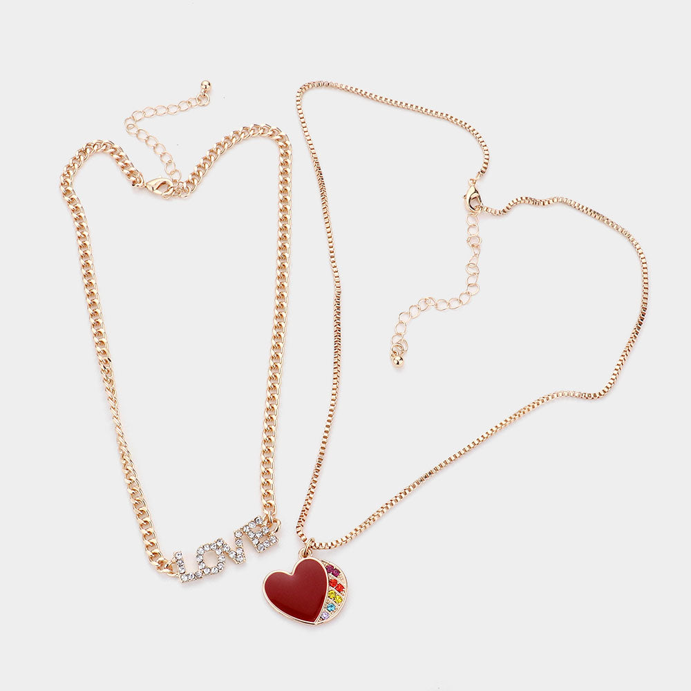 iLLASPARKZ 2PCS - Rhinestone Embellished Metal LOVE Message Enamel Heart Pendant Necklaces
