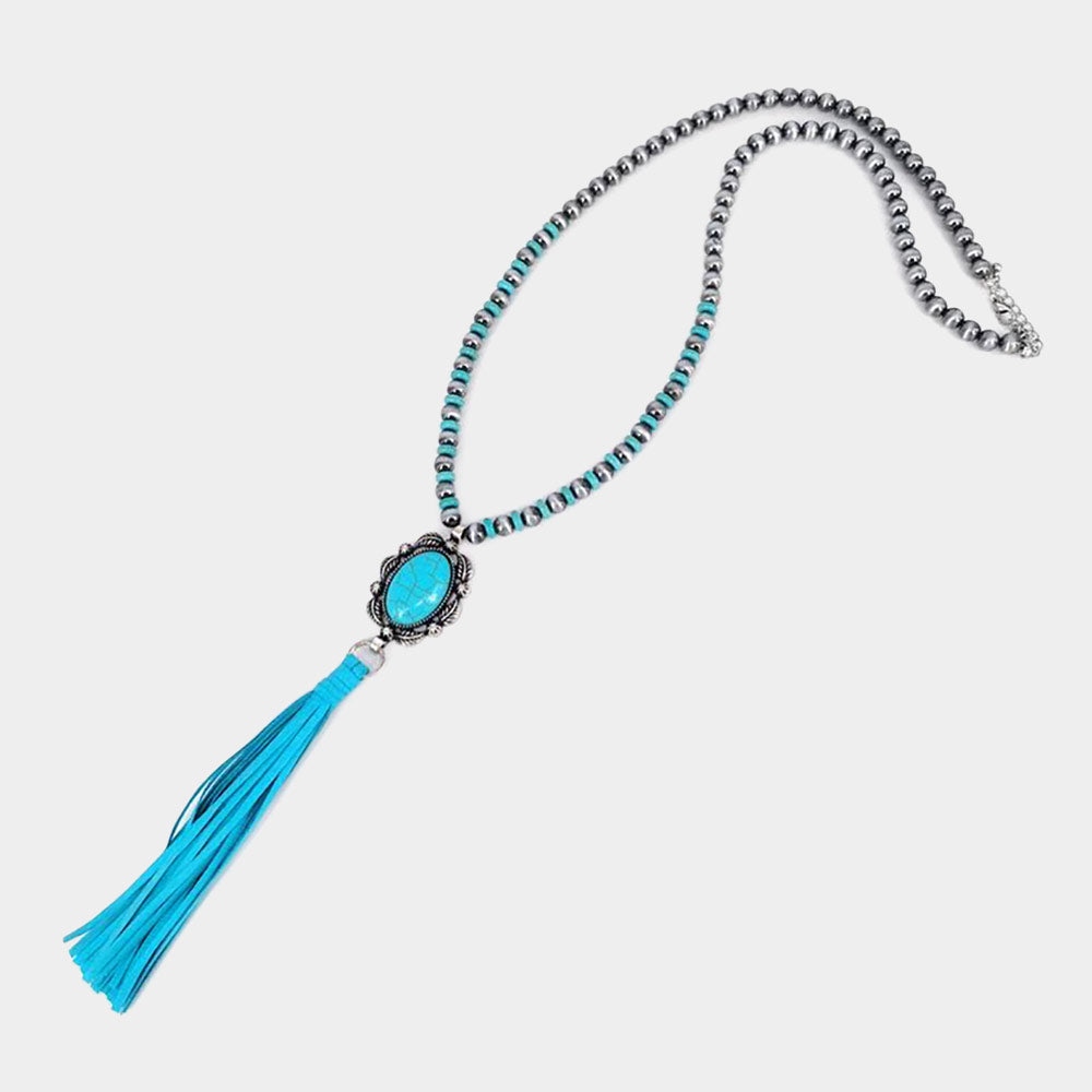 iLLASPARKZ Turquoise Accented Antique Metal Suede Tassel Link Long Necklace