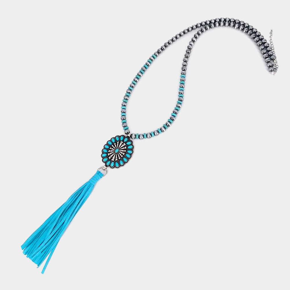 iLLASPARKZ Turquoise Accented Antique Metal Squash Blossom Suede Tassel Link Long Necklace