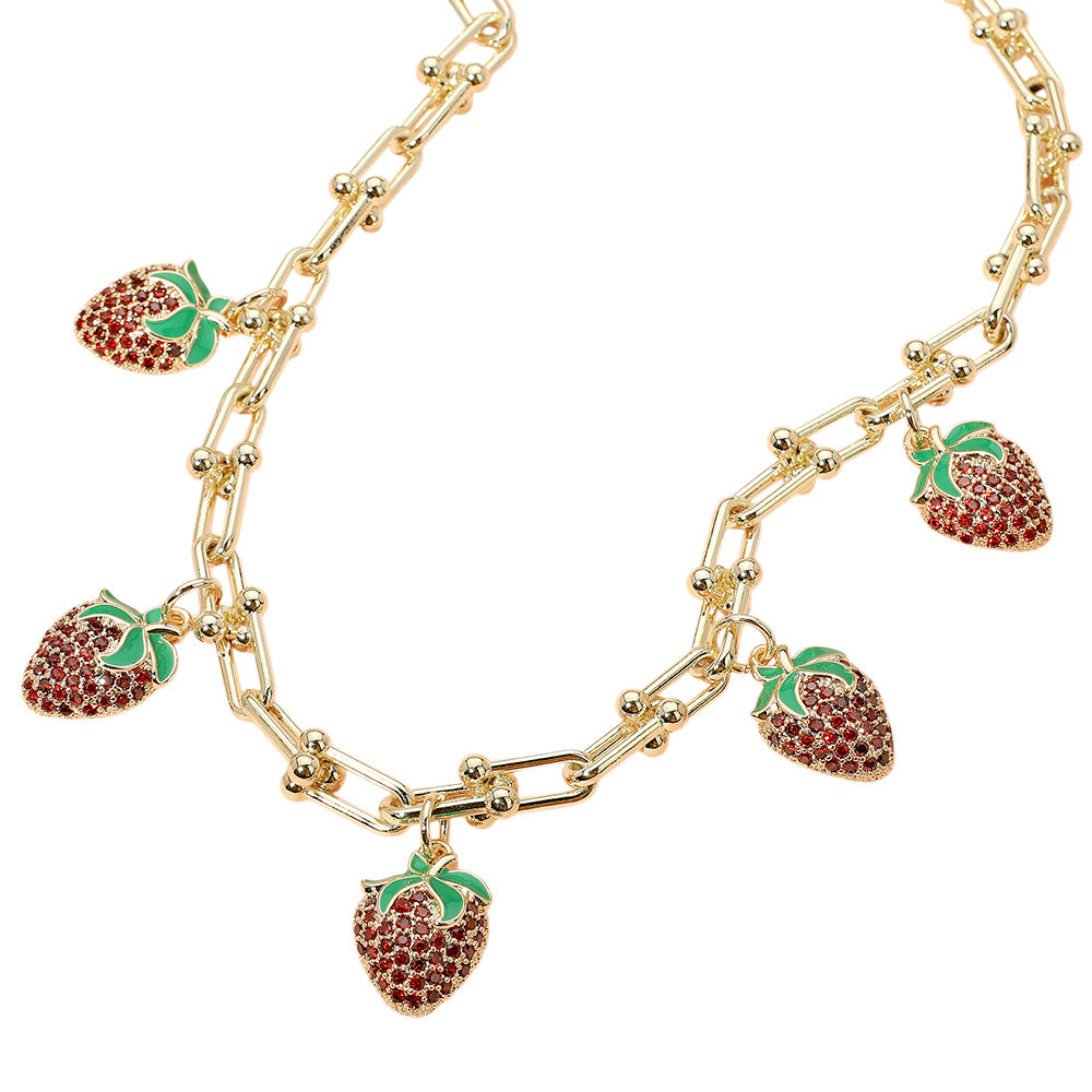 iLLASPARKZ 14K Gold Plated CZ Stone Paved Strawberry Charm Station Chunky Hardware Chain Necklace