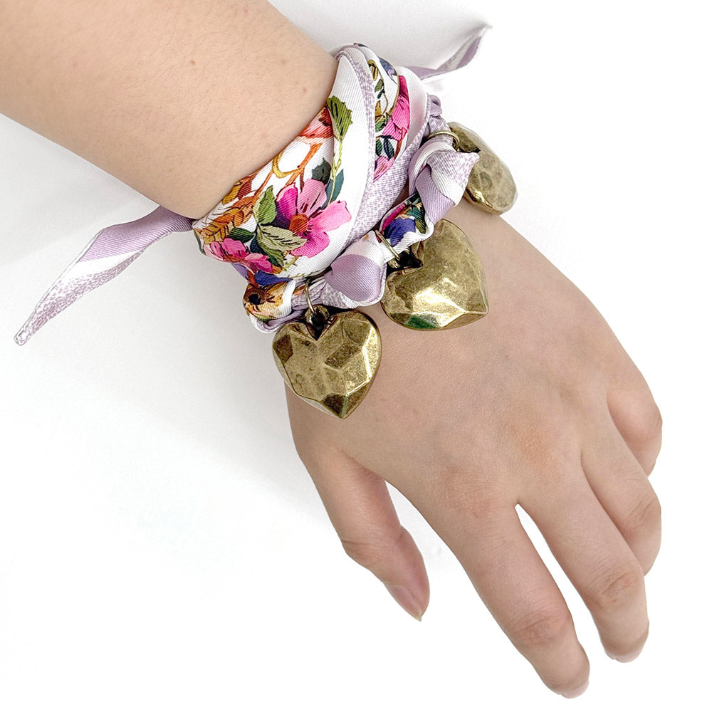 iLLASPARKZ Gold Dipped Triple Puffy Heart Charm Fabric Scarf Necklace / Adjustable Bracelet / Bag Charm