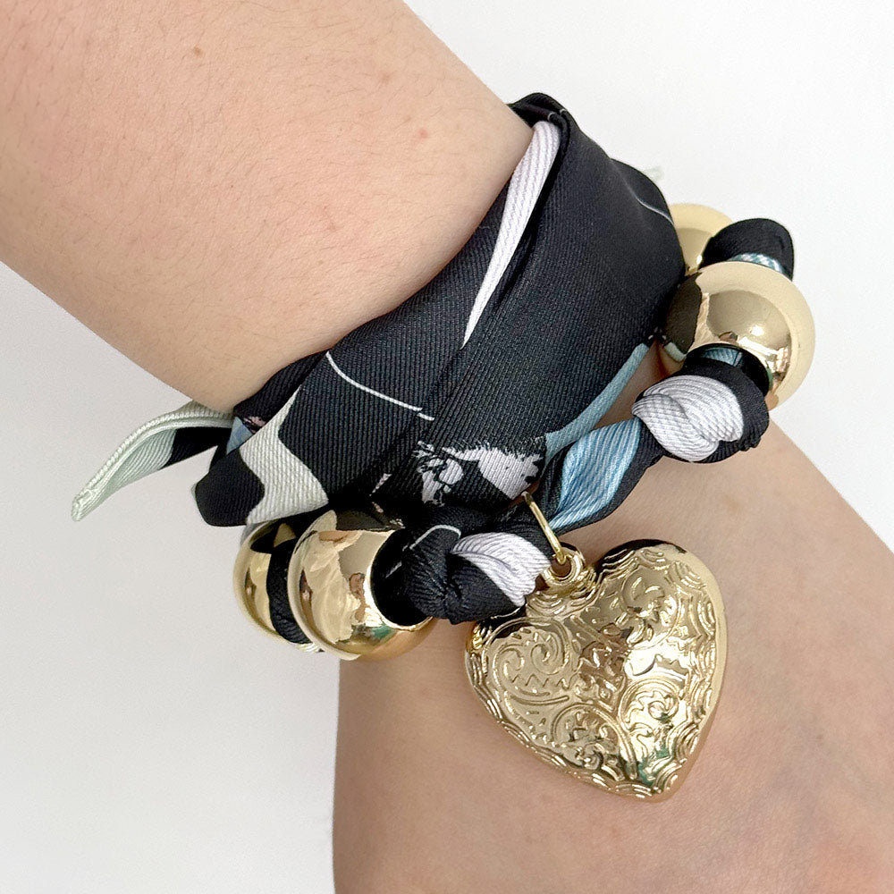 iLLASPARKZ Gold Dipped Puffy Textured Heart Charm Accent Fabric Scarf Necklace / Adjustable Bracelet / Bag Charm