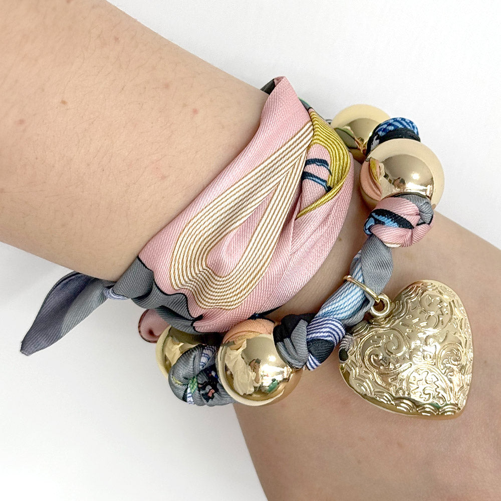 iLLASPARKZ Gold Dipped Puffy Textured Heart Charm Accent Fabric Scarf Necklace / Adjustable Bracelet / Bag Charm