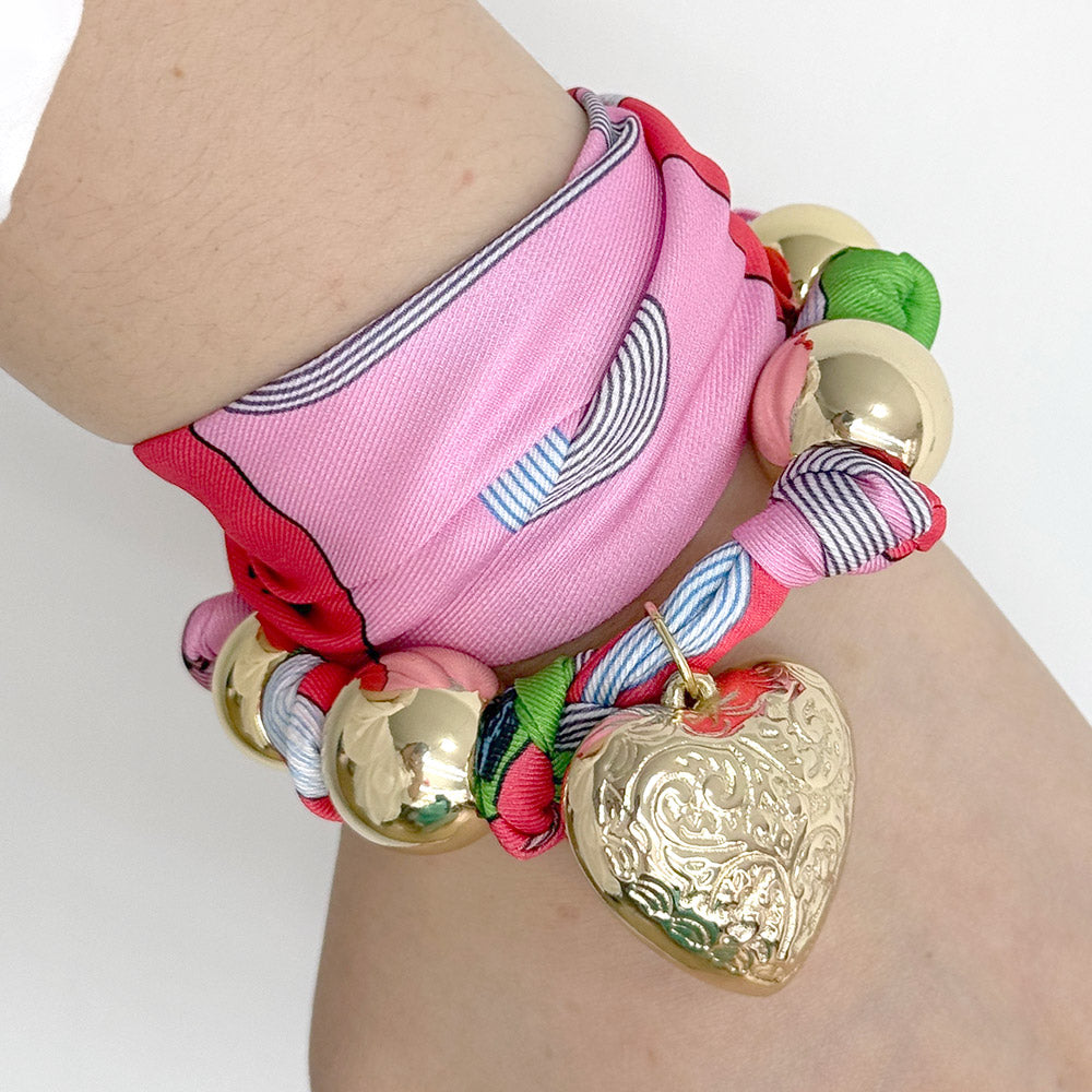 iLLASPARKZ Gold Dipped Puffy Textured Heart Charm Accent Fabric Scarf Necklace / Adjustable Bracelet / Bag Charm