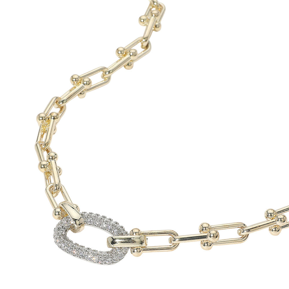 iLLASPARKZ 14K Gold Plated CZ Stone Paved Oval Accent Chunky Industrial Chain Necklace