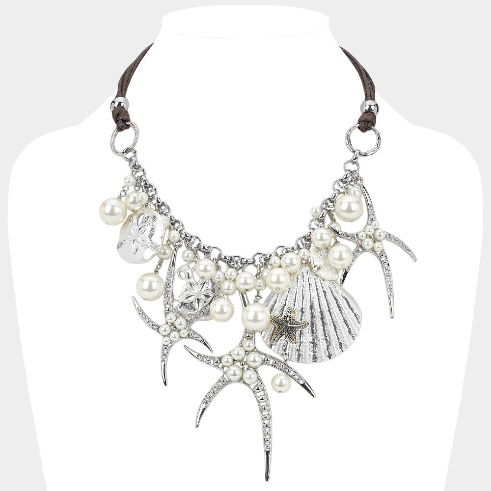 iLLASPARKZ Pearl Embellished Starfish Shell Pendant Beaded Statement Necklace