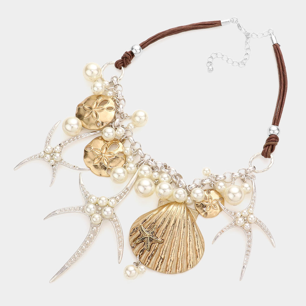 iLLASPARKZ Pearl Embellished Starfish Shell Pendant Beaded Statement Necklace
