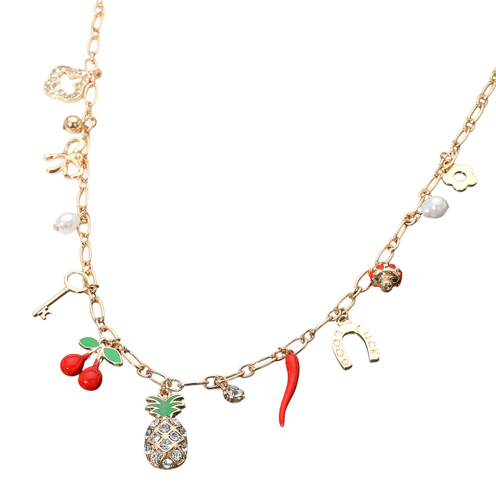 iLLASPARKZ Pineapple Cherry Chili Quatrefoil Bow Key Pearl Mushroom Flower Good Luck Horseshoe Charm Station Necklace