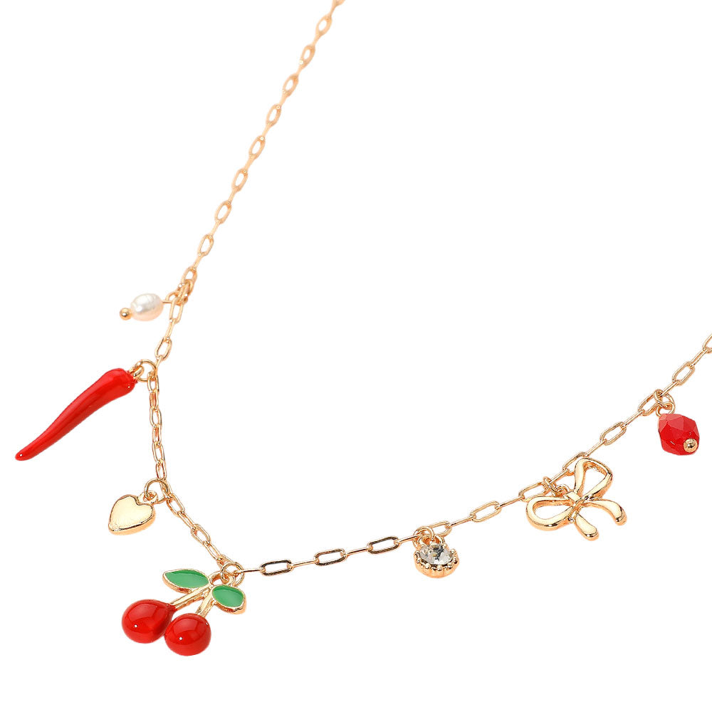 iLLASPARKZ Cherry Chili Pearl Metal Heart Bow Charm Station Paperclip Chain Necklace