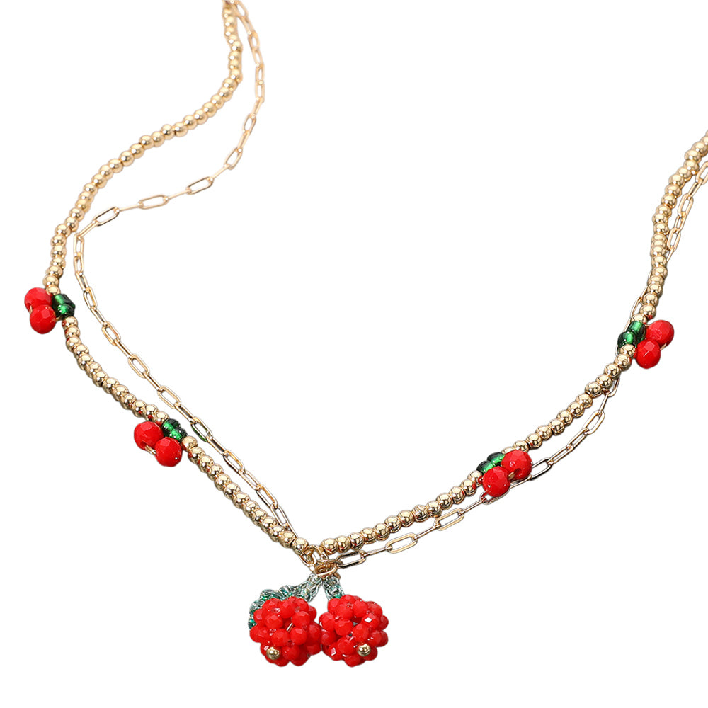 iLLASPARKZ Seed Beaded Cherry Charm Station Layered Necklace