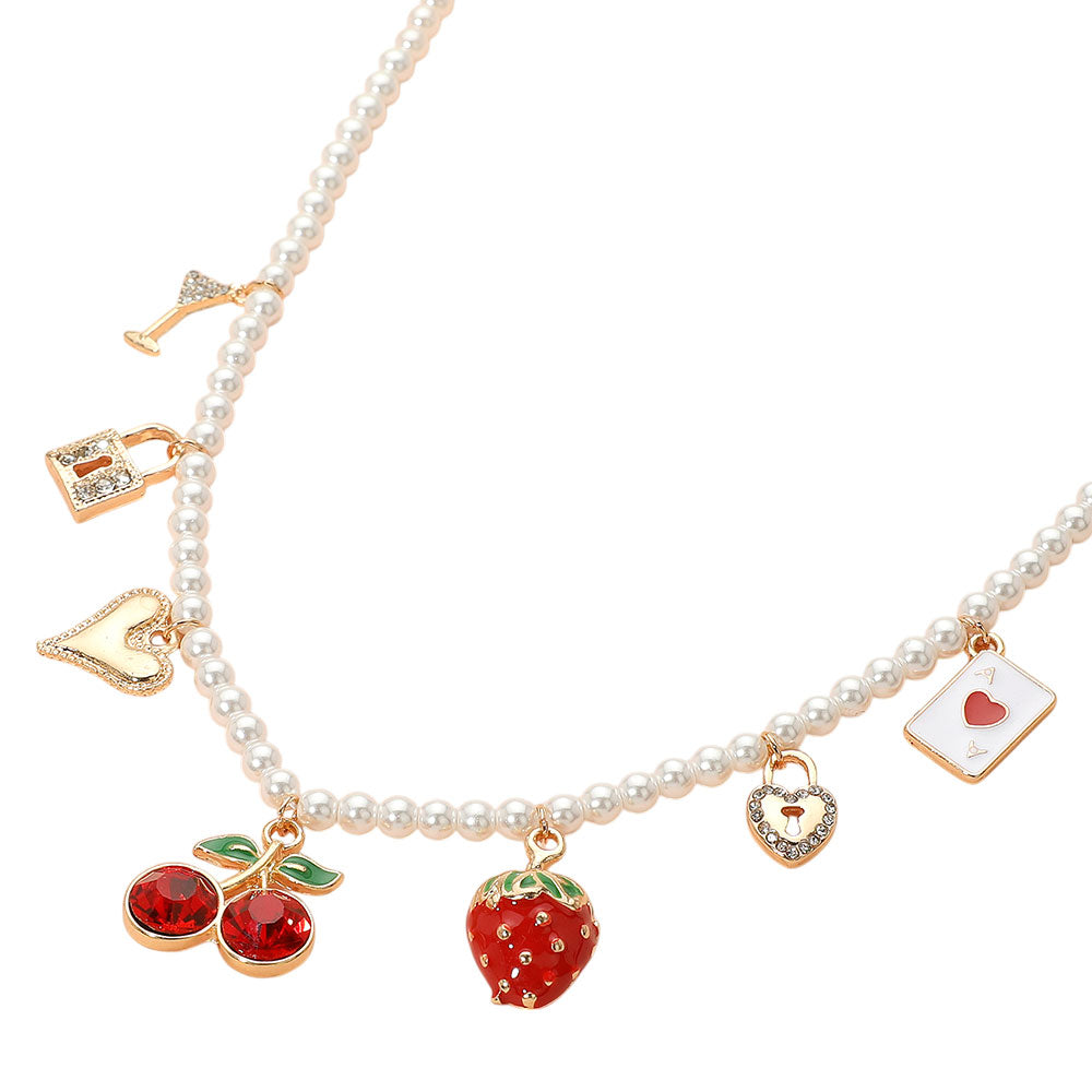 iLLASPARKZ Cherry Strawberry Heart Lock Martini Glass Charm Pearl Beaded Necklace