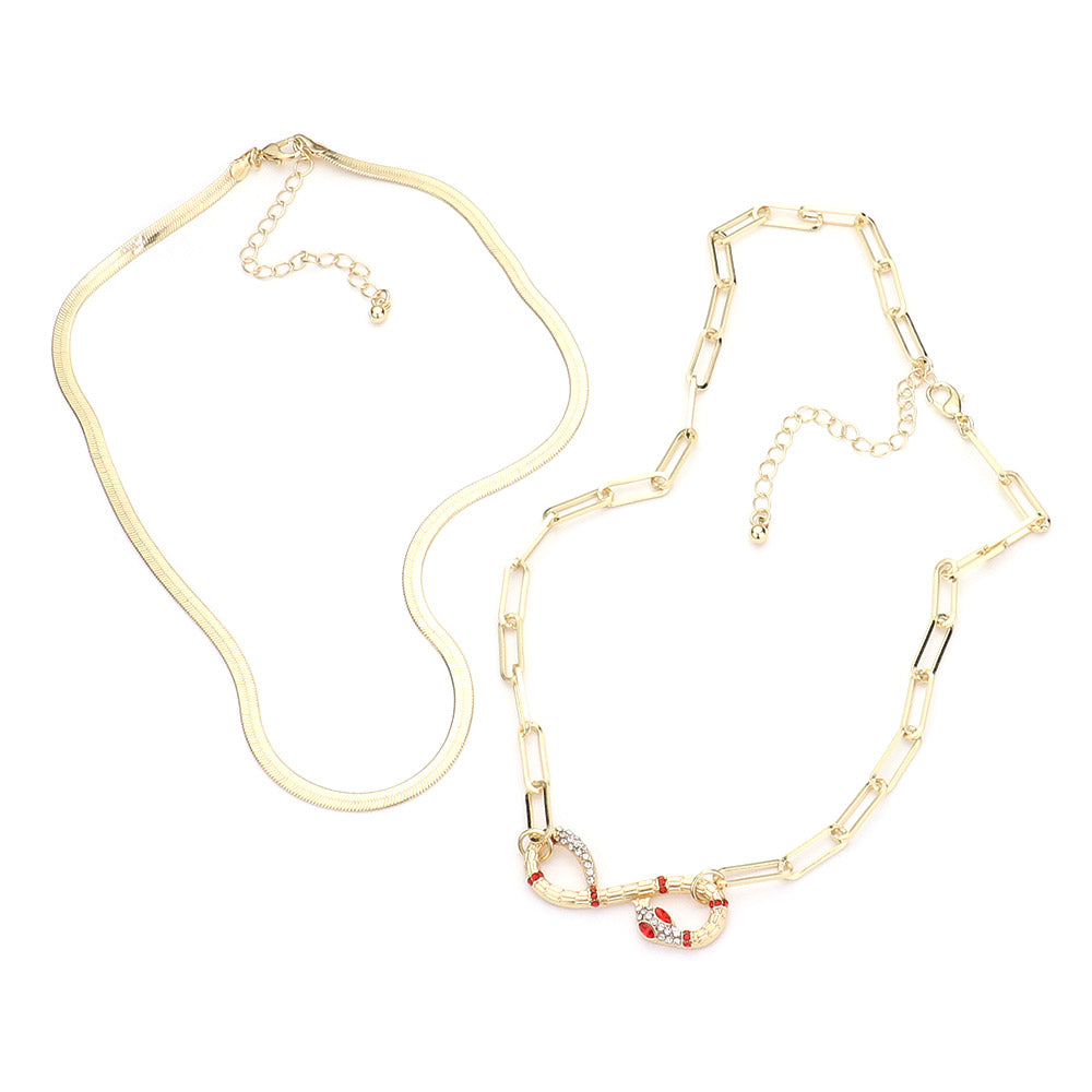 iLLASPARKZ 2PCS - Stone Embellished Snake Pendant Metal Snake Chain Necklaces