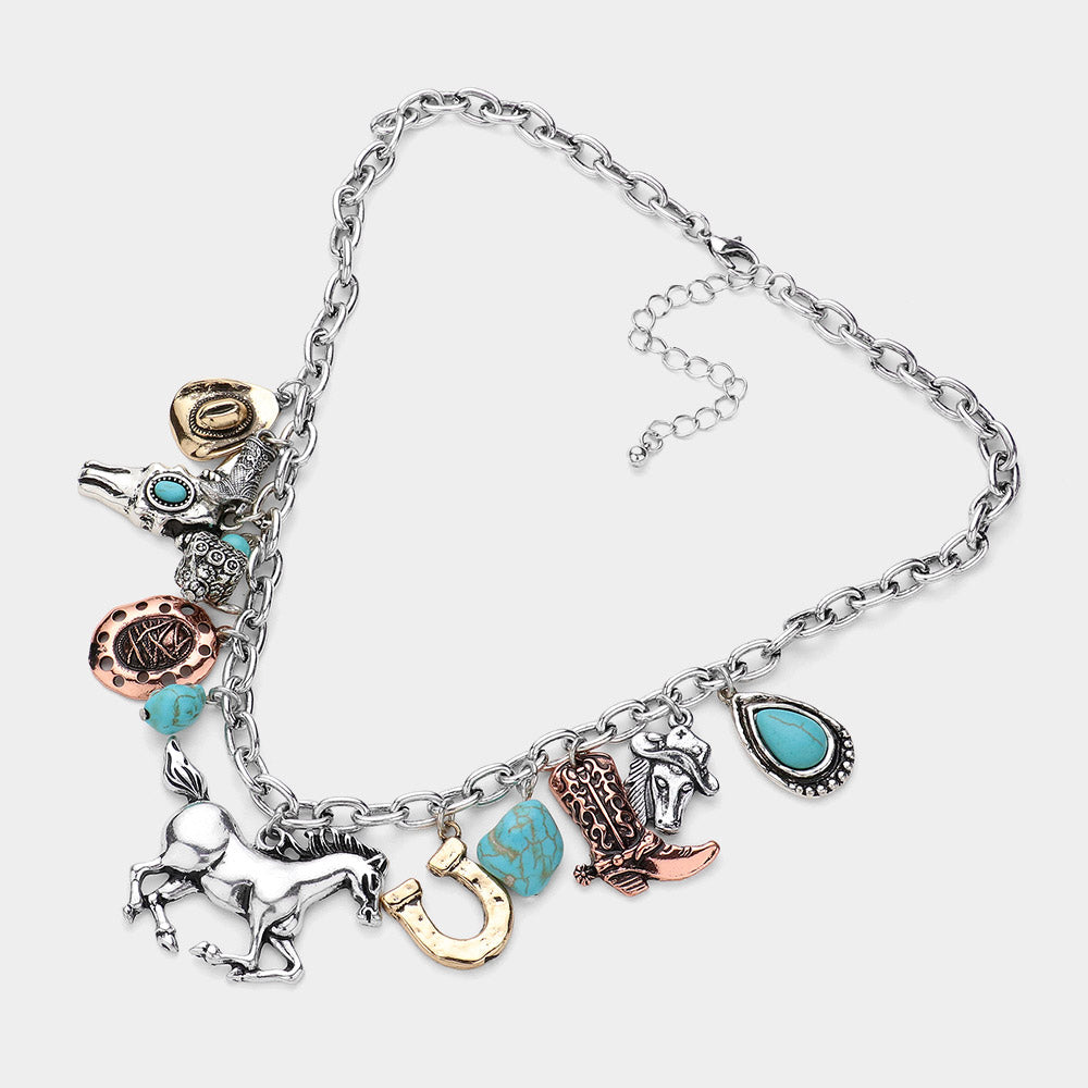 iLLASPARKZ Vintage Western Metal Horse Cowboy Boots Horseshoe Natural Turquoise Stone  Charm Beaded Necklace