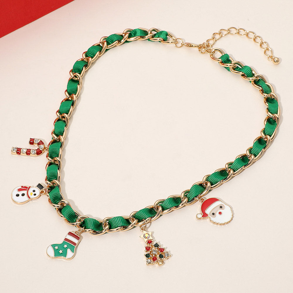 iLLASPARKZ Enamel Christmas Themed Charm Station Ribbon Strap Braided Necklace