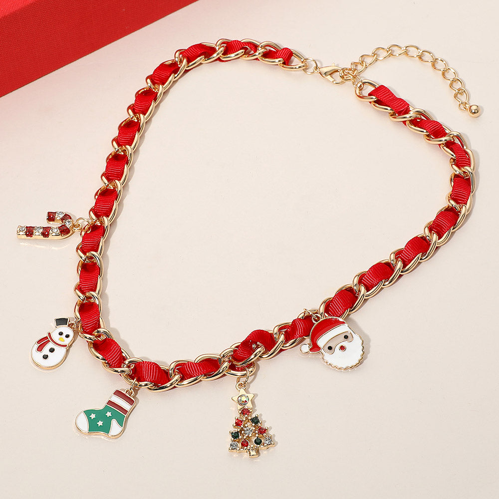 iLLASPARKZ Enamel Christmas Themed Charm Station Ribbon Strap Braided Necklace