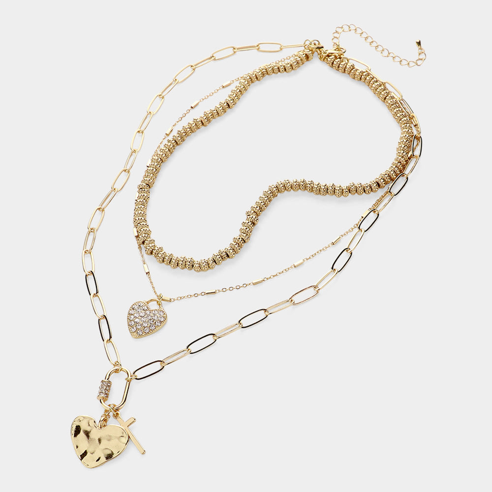 iLLASPARKZ Hammered Metal Stone Paved Heart Cross Pendant Pointed Triple Layered Necklace