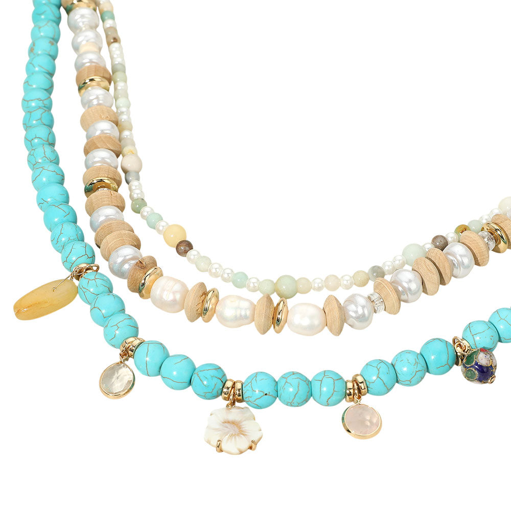 iLLASPARKZ Boho Flower Mother of Pearl Natural Stone Charm Wood Beaded Multi Layered Strand Necklace