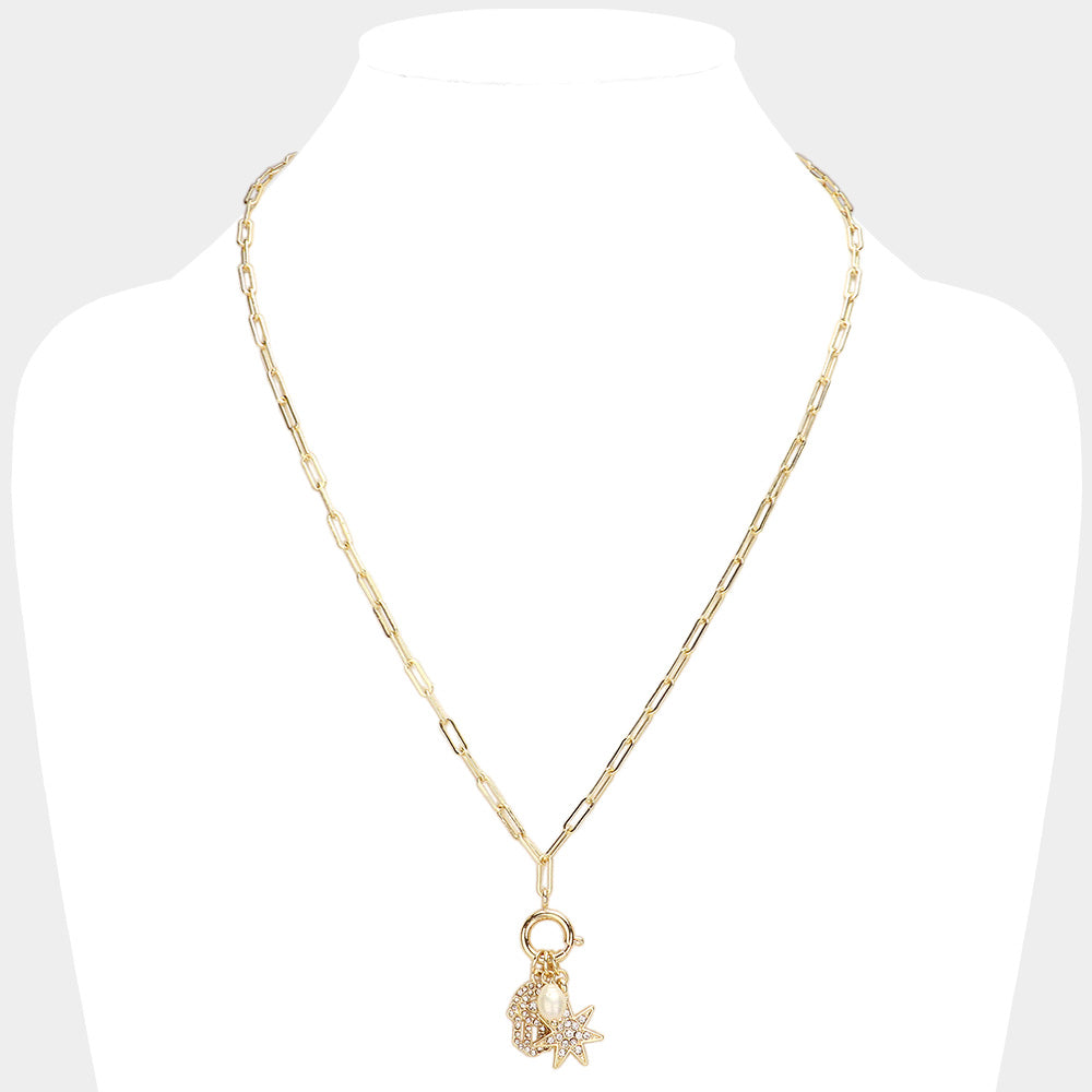 iLLASPARKZ Stone Paved Hamsa Hand Sunburst Pearl Charm Pointed Paperclip Chain Necklace