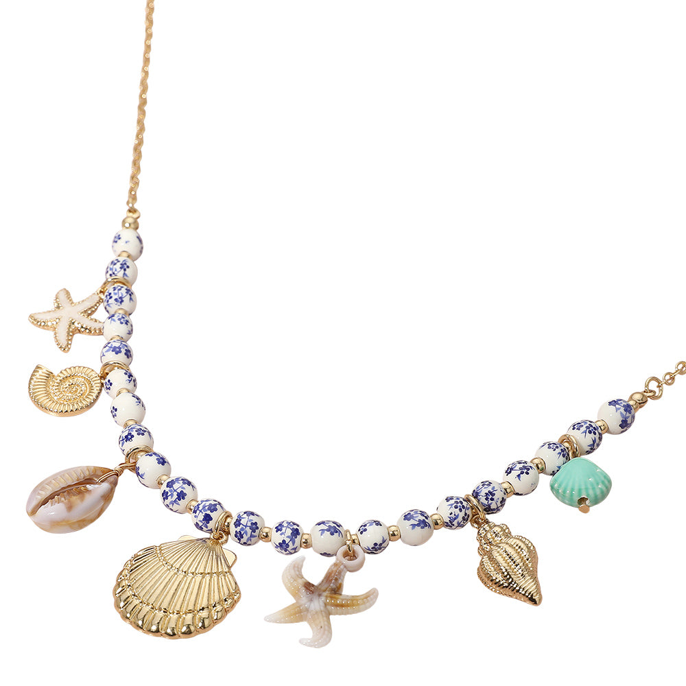 iLLASPARKZ 18K Gold Dipped Seashell Starfish Charm Station Floral Ceramic Ball Beaded Necklace